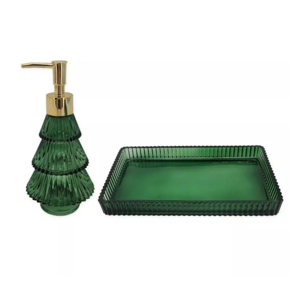 H is For Happy 2 Piece Christmas Tree Soap Dispenser and Tray Set Green Glass